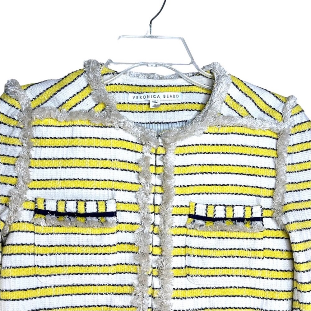 Veronica Beard Talie Tweed Blazer Yellow White Striped Frayed Trim Size 0 - Picture 5 of 12